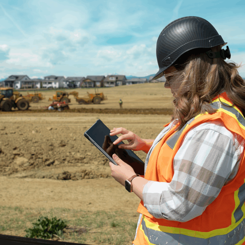 Construction worker in safety gear uses tablet at jobsite, heavy equipment in background.
