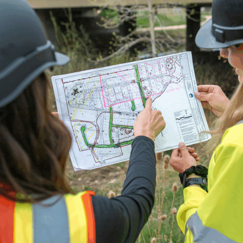 Two people in safety gear review construction project plans outdoors.