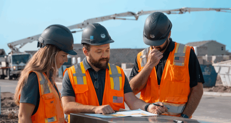 Three construction workers review plans at a construction site.