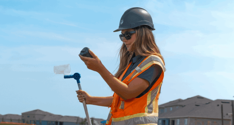 Woman in safety vest examines container by water.